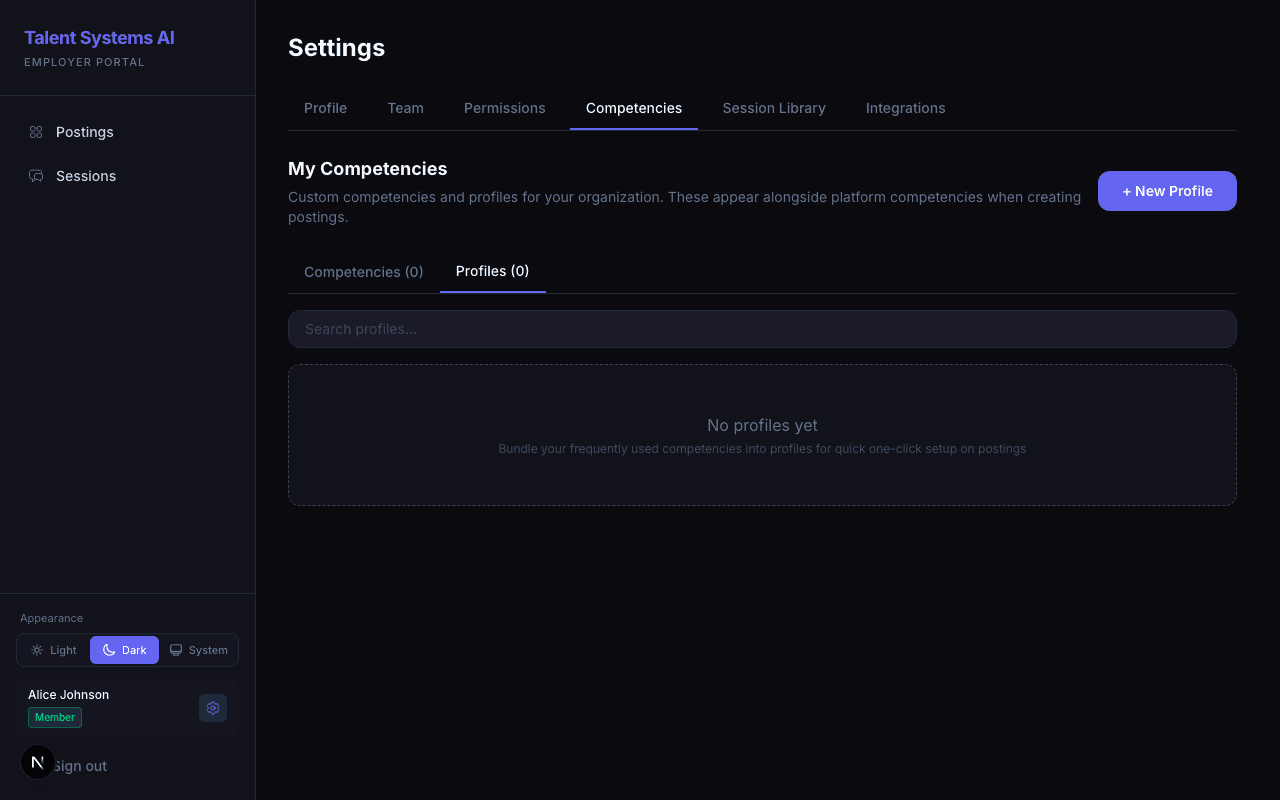 Competency profiles tab showing available bundles with competency counts