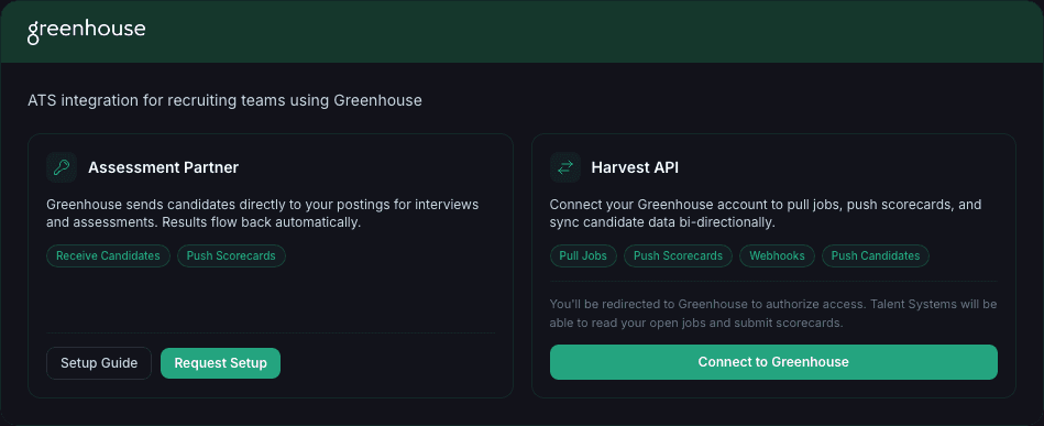 Greenhouse integration card showing Assessment Partner and Harvest API options