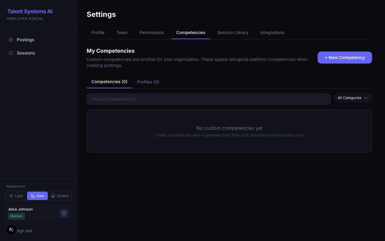 Competencies page showing platform and custom competencies with search and category filters