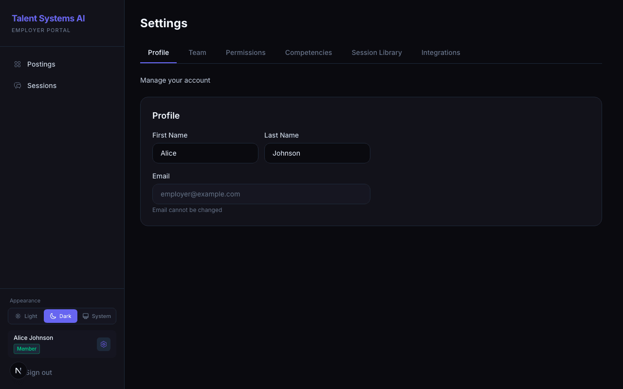 Profile settings page